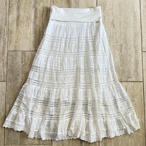 Vintage Y2K White Cotton Lace Tiered Maxi Skirt Boho Cottagecore Coquette Sz S